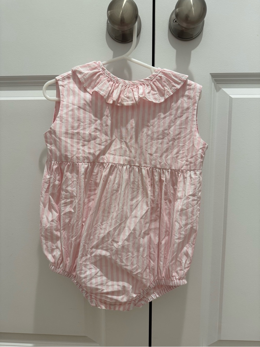 Hannah Kate Pink & White Striped Ruffle Collar Baby Bubble Romper - 18m